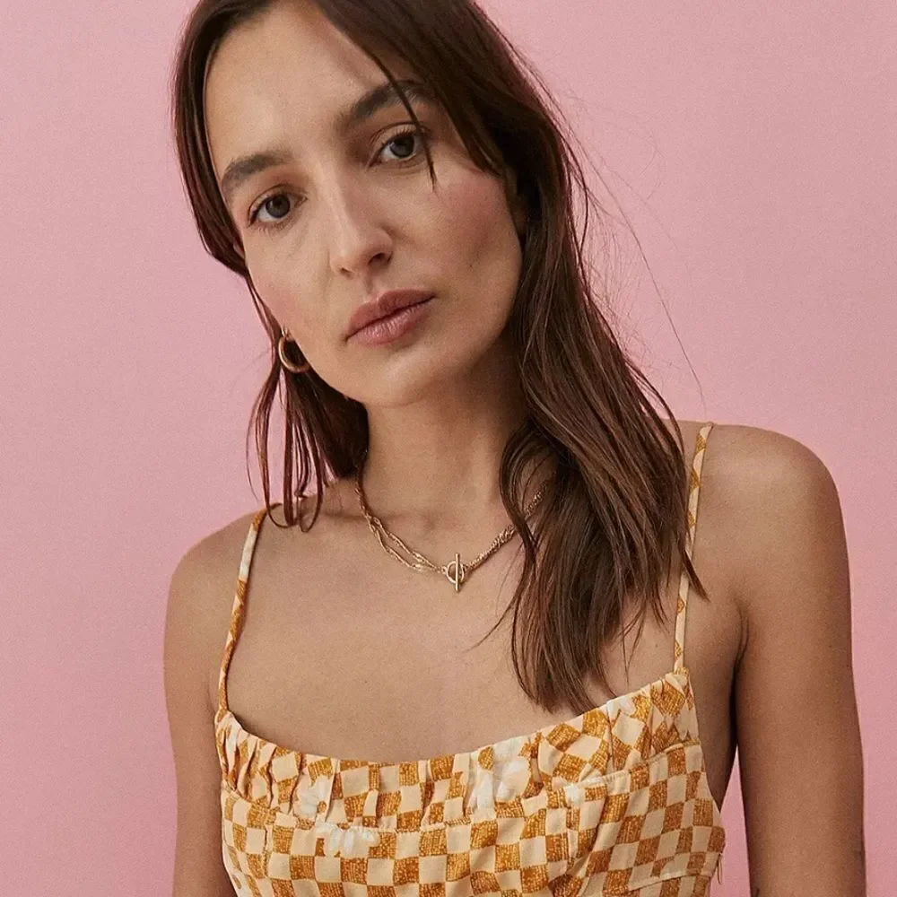 UO XS Lumi Daisy Gold Beige Check Print Spaghetti Strap Mini Bodycon Dress